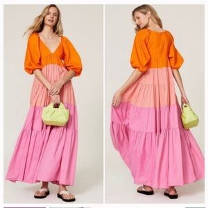 Staud Orange Pink Striped Meadow V-Neck Maxi Dress Women's Size X-Small XS